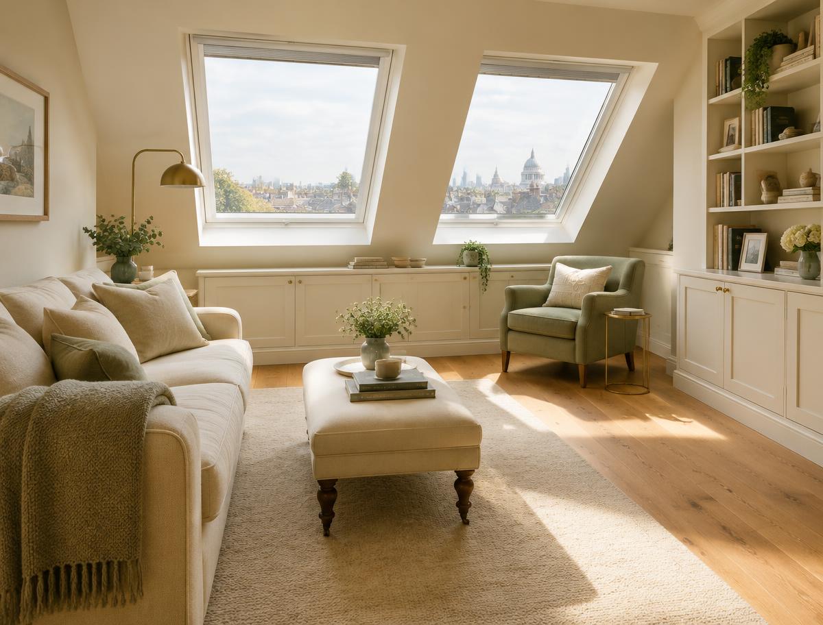 Sample visual of a finished loft conversion interior with roof windows and warm oak floors